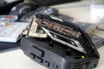 Indispensable classic cassette player of the 90s, Walkman, cassette player that is no longer used,