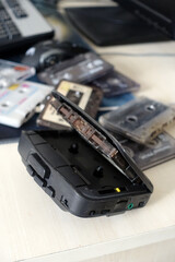 Fototapeta premium Indispensable classic cassette player of the 90s, Walkman, cassette player that is no longer used,