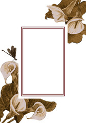 Card with flowers, leaves, watercolor colorful illustration isolated on white background, floral frame for your greeting or invitation, banner, poster or cover, wildlife garden