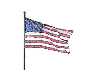 Watercolor Drawing of american flag on white background
