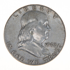 Close-up of a 1962 Franklin Half Dollar