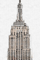Sketch drawing of upper part of Empire State Building on white background
