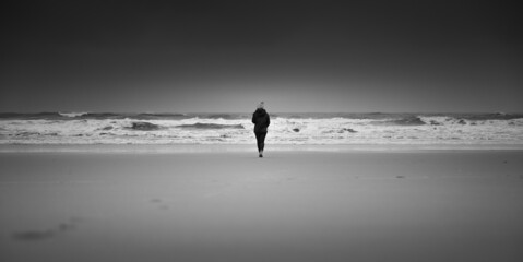 Fototapeta na wymiar silhouette vor brausendem meer und hohen wellen am strand in schwarz weiss black and white panoramic shot
