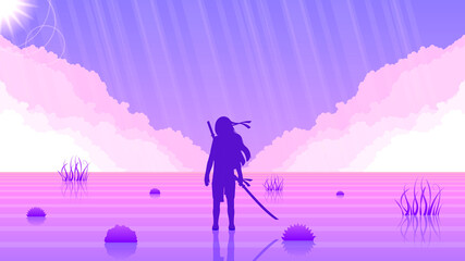 Abstract Background Ninja Warrior Clouds Person Light Bushes Silhouette Water People Vector Design Style © Дмитрий