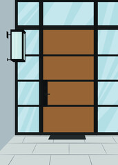 Vector flat image of a house porch with a wooden door and large windows. Door and lamp. Design for postcards, posters, backgrounds, templates, textiles.