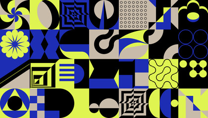 Brutalist Art Inspired Vector Pattern Graphics Made With Bold Abstract Geometric Shapes - obrazy, fototapety, plakaty