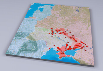 Advancement of Russian troops on Ukrainian soil. Map of the war situation in Ukraine. Position of Russian troops. 3d rendering

