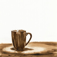 Single cap on the table isolated on white backrgound. Hand drawn illustration with coffee as art material