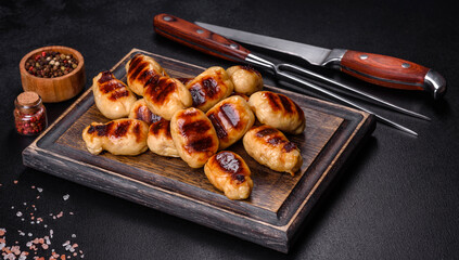 Grilled sausages with spices on a dark stone background
