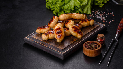 Grilled sausages with spices on a dark stone background