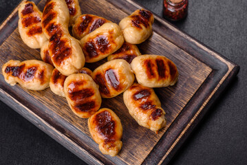 Grilled sausages with spices on a dark stone background