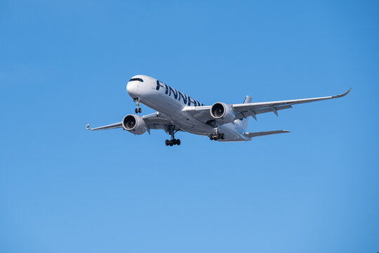 Airbus a350 , operated by the Finnish flag carrier Finnair, on final approach at Helsinki-Vantaa airport