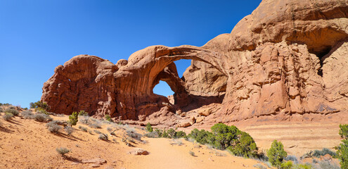 Panoramic view of Double Arch rock formation in Arches National Park
