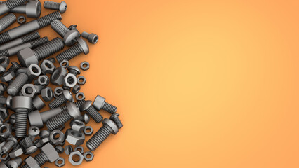 Bolts and nuts on an orange background with copy space. Fastener template. 3d illustration