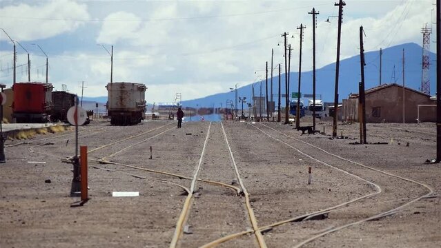 View Of Freight Railway Station Infrastructure With Tracks And Train Cars