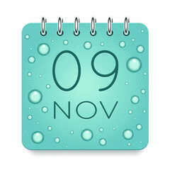 09 day of month. November. Calendar daily icon. Date day week Sunday, Monday, Tuesday, Wednesday, Thursday, Friday, Saturday. Dark Blue text. Cut paper. Water drop dew raindrops. Vector illustration.