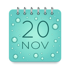 20 day of month. November. Calendar daily icon. Date day week Sunday, Monday, Tuesday, Wednesday, Thursday, Friday, Saturday. Dark Blue text. Cut paper. Water drop dew raindrops. Vector illustration.
