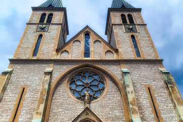 Fototapeta premium Main entrance to Catholic Cathedral in Sarajevo, Bosnia and Herzegovina.