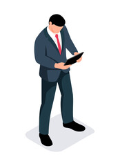 Isometric business people with gadgets, hi-tech technologies, smartphones, laptops, interactive screen, virtual reality, tablet.