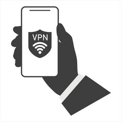 Connecting to VPN mobile network. Hand holding smartphone showing mobile app of a VPN service. Virtual private network cyber security.