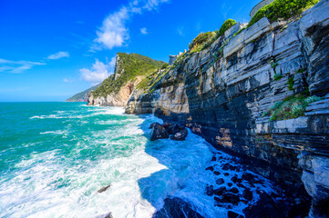 View from Grotta di Lord Byron to beautiful coast scenery - travel destination of Porto Venere,...