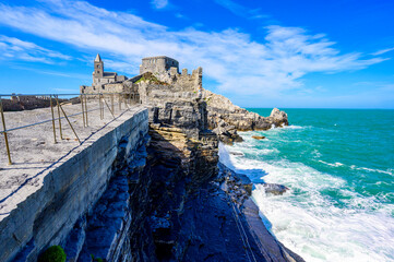 View from Grotta di Lord Byron to beautiful coast scenery - travel destination of Porto Venere,...