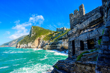 View from Grotta di Lord Byron to beautiful coast scenery - travel destination of Porto Venere,...