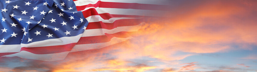 American flag in sunny sky. Wide web header banner