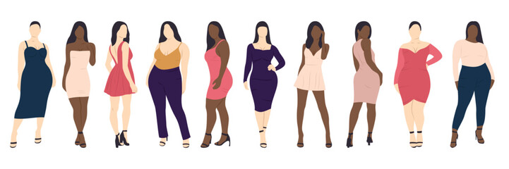 Women clothing vector set. Woman in jeans, short and medium skirts. Female body illustration.