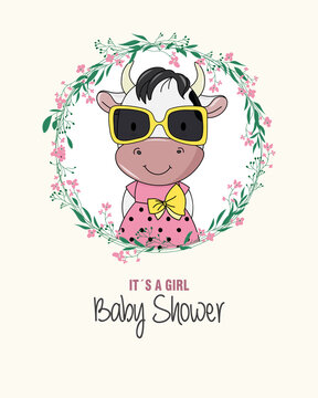 Baby shower card. Cute cow inside flower frame. Isolated vector	
