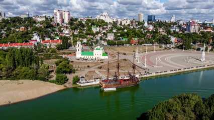 Admiralteyskaya square , Uspensky Admiralteysky church and floating Museum Gott Predestination on wooden ship in Voronezh.