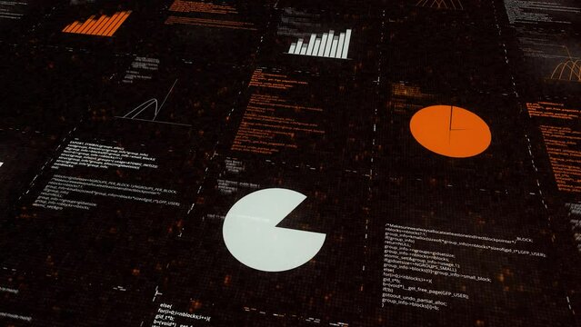 AI learning and analytics process, artificial Intelligence concept. Animation. Technology, internet and networking, data and graphs on a black background.