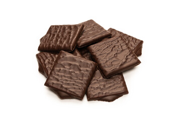 Dark chocolate candies isolated on white background.