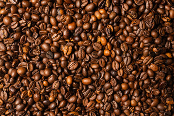 Coffee beans on a white background. Top view.