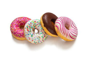 American donuts with multicolored glaze on a white background