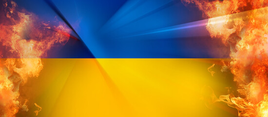 flag of Ukraine with fire and flames abstract design background 3d-illustration