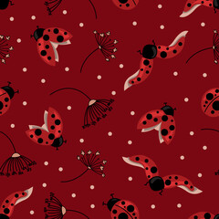 Elegant seamless pattern with flying ladybugs and dried flowers on burgundy background