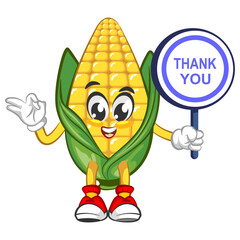Cute corn character showing a board that says thank you. Vector hand drawn cartoon kawaii mascot illustration icon. Isolated on white background. Corn character concept