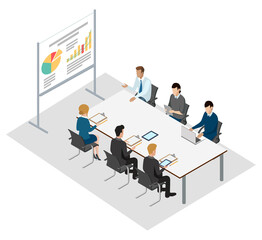 Project management and financial report strategy. Consulting team. Collaboration concept with collaborative people. Isometric business analysis planning.