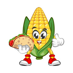 Cute corn character eat taco. Vector hand drawn cartoon kawaii mascot illustration icon. Isolated on white background. Corn character concept