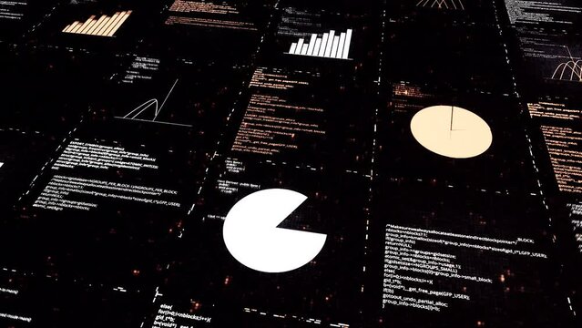 AI learning and analytics process, artificial Intelligence concept. Animation. Technology, internet and networking, data and graphs on a black background.