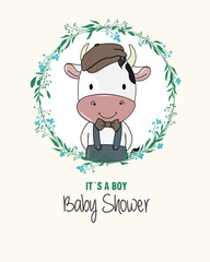 Baby shower card. Cute cow inside flower frame. Isolated vector