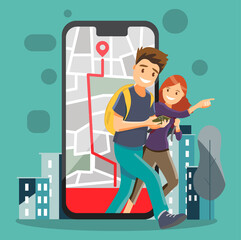 A man and a woman find their way on a GPS map and travel around the city. Vector illustration.