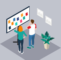 Project management and financial report strategy. Consulting team. Collaboration concept with collaborative people. Isometric business analysis planning.