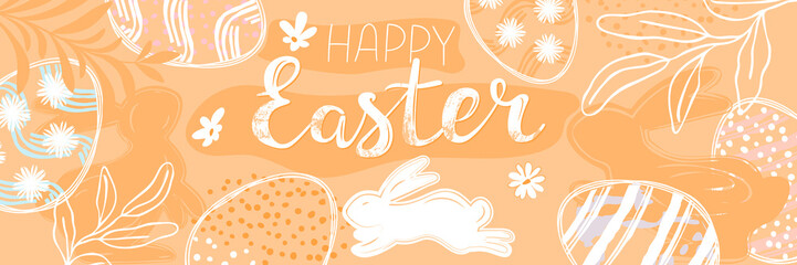 Happy Easter horizontal banner with silhouettes of rabbits,boho foliage and eggs line art white colors on yellow.Abstract background with hand lettered text.Contemporary  stock vector illustration.