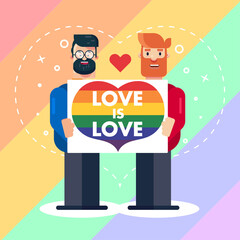 Pride month, love is love two Couple man boys holding rainbow heart celebration placard banner poster design vector picture illustration