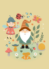 Obraz na płótnie Canvas magic poster with gnome, fairy, mushrooms, insect