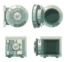 Closed and open empty iron safe isolated set. Vector flat graphic design cartoon illustration