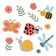 set of isolated cute insect and flowers - 491095749