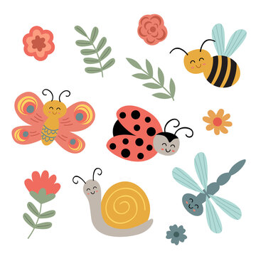 set of isolated cute insect and flowers